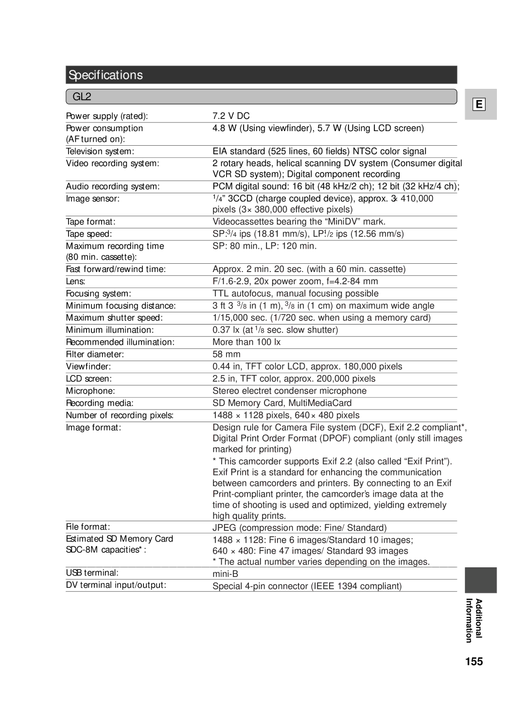 Canon GL2 instruction manual Specifications 