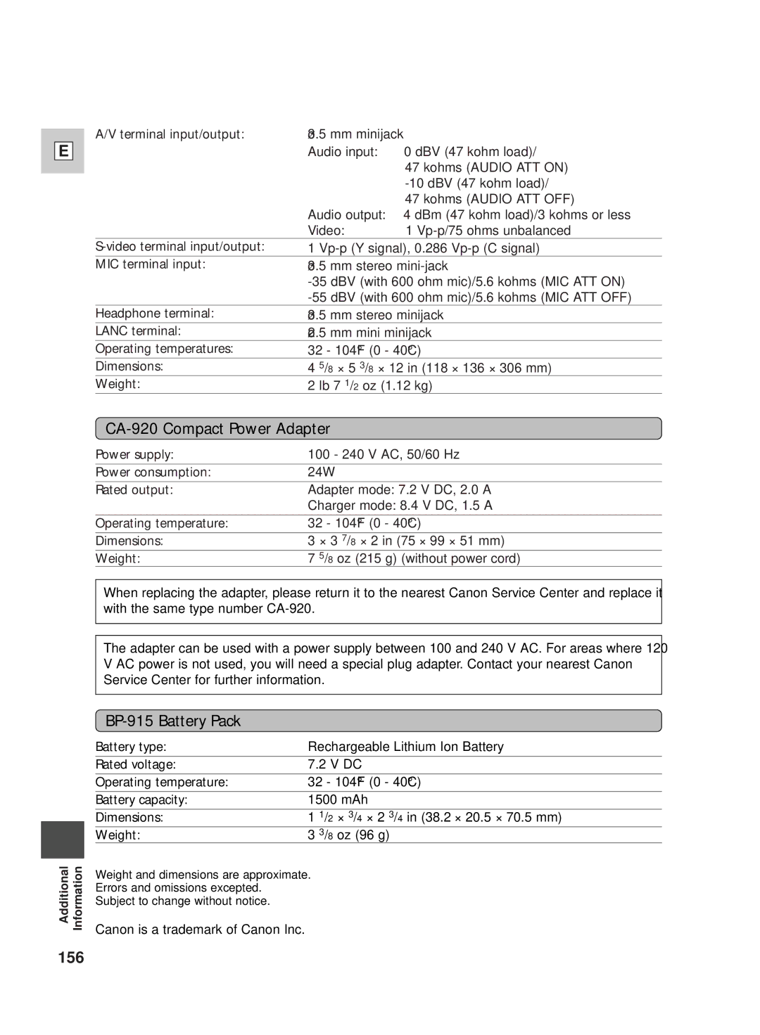 Canon GL2 instruction manual CA-920 Compact Power Adapter, BP-915 Battery Pack, 156 