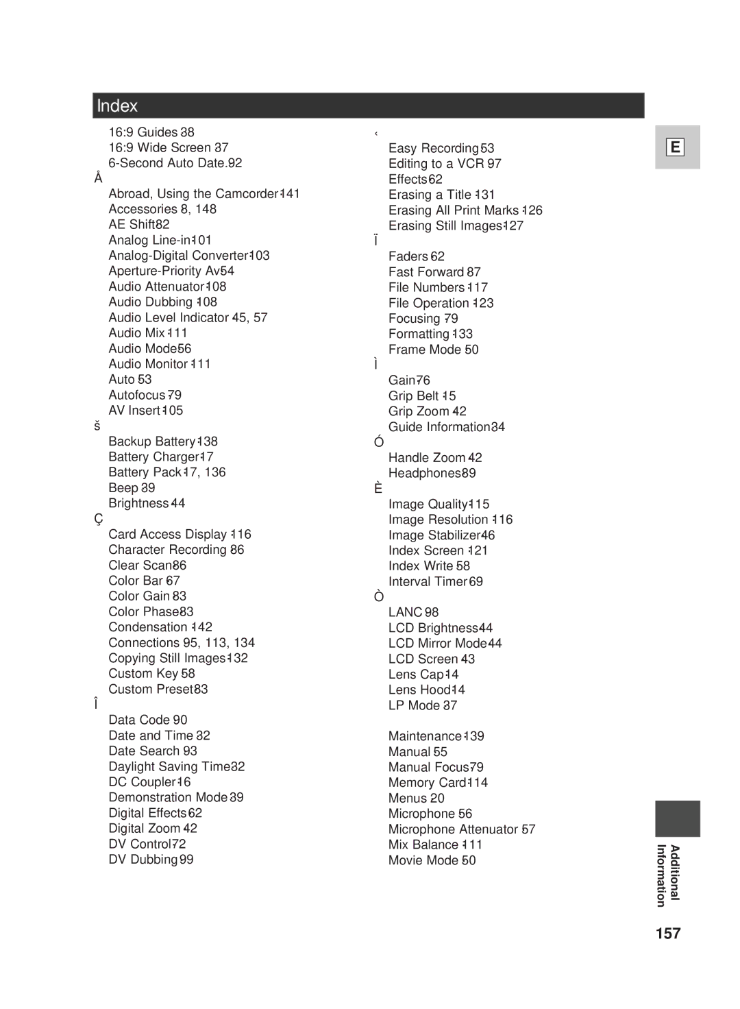 Canon GL2 instruction manual Index, 157 