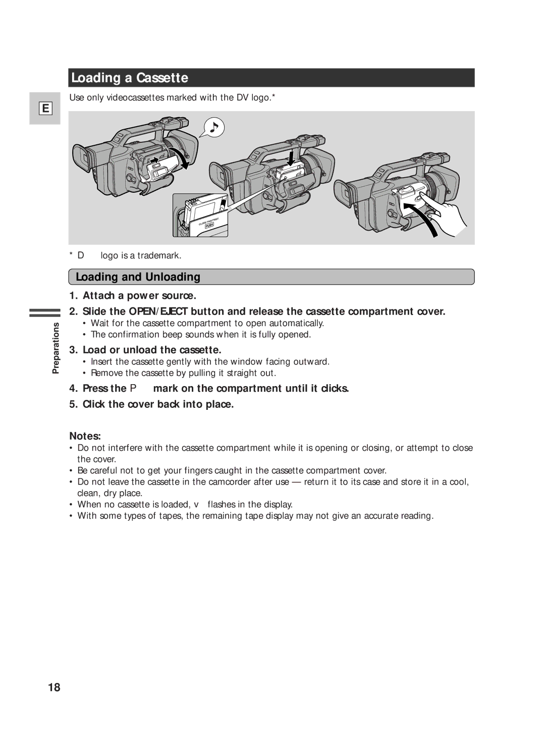 Canon GL2 instruction manual Loading a Cassette, Loading and Unloading, Load or unload the cassette 