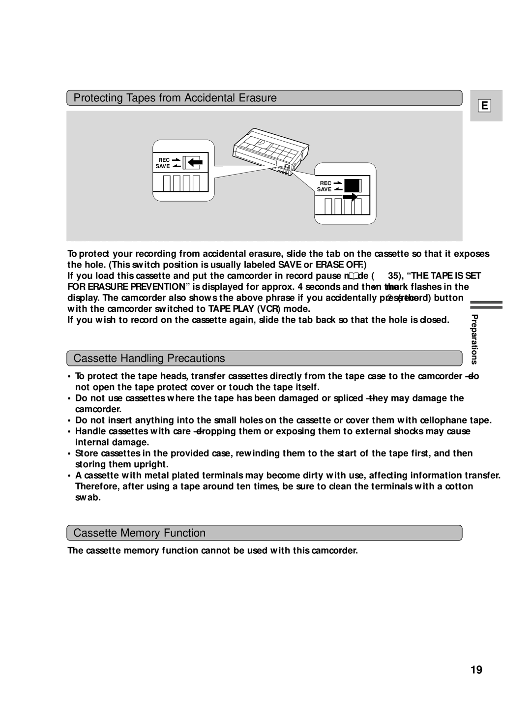 Canon GL2 Protecting Tapes from Accidental Erasure, Cassette Handling Precautions, Cassette Memory Function 