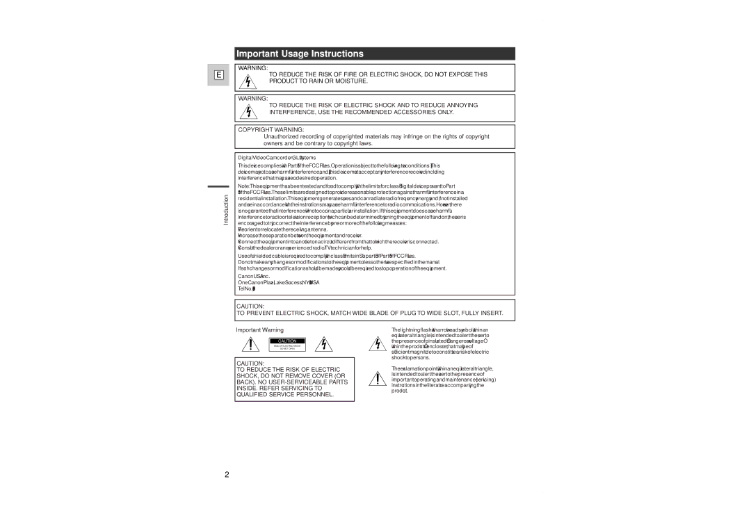 Canon GL2 instruction manual Important Usage Instructions 