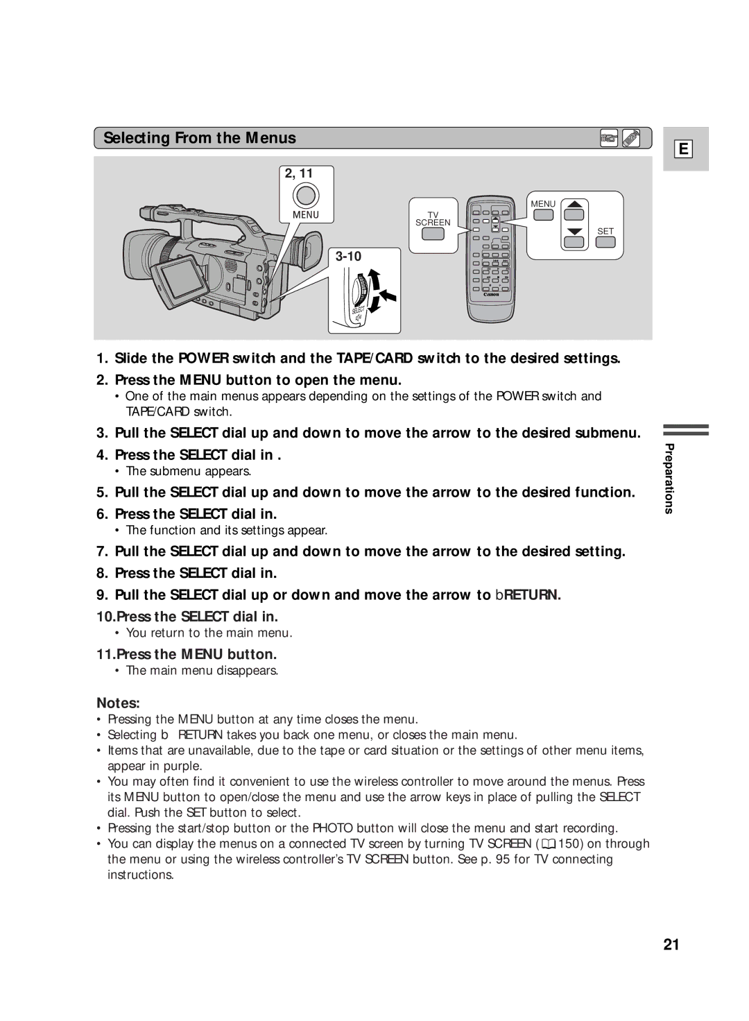 Canon GL2 instruction manual Selecting From the Menus, Press the Select dial, Press the Menu button 