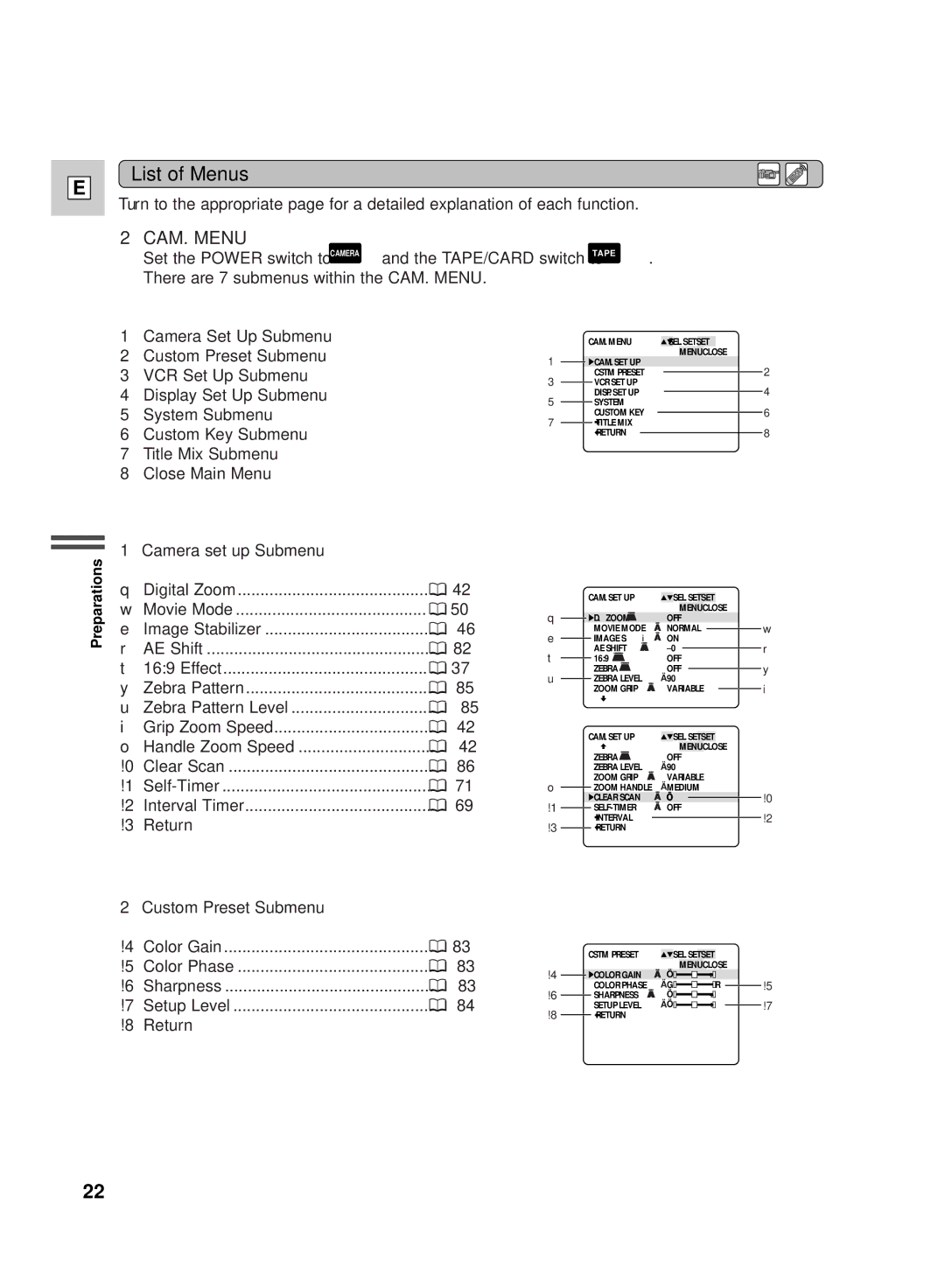 Canon GL2 instruction manual List of Menus, Camera set up Submenu, Custom Preset Submenu 