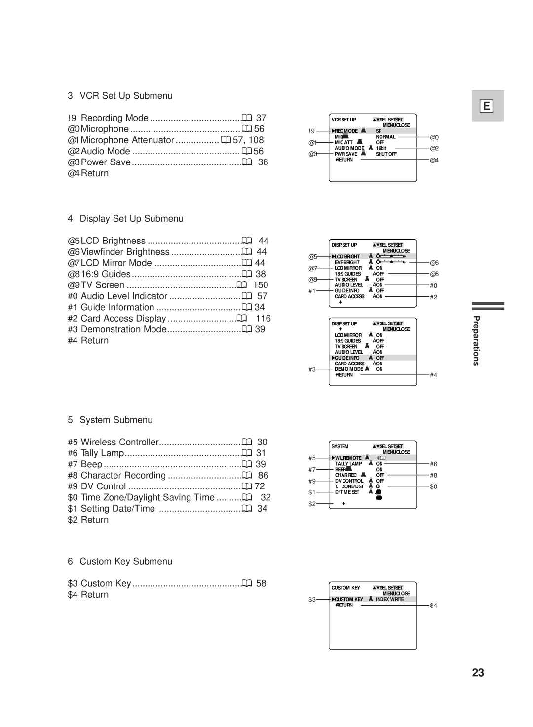 Canon GL2 instruction manual VCR Set Up Submenu, Display Set Up Submenu, System Submenu, Custom Key Submenu 