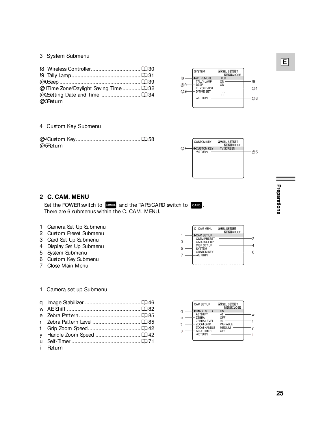 Canon GL2 instruction manual System Submenu, Custom Key Submenu, Camera set up Submenu 