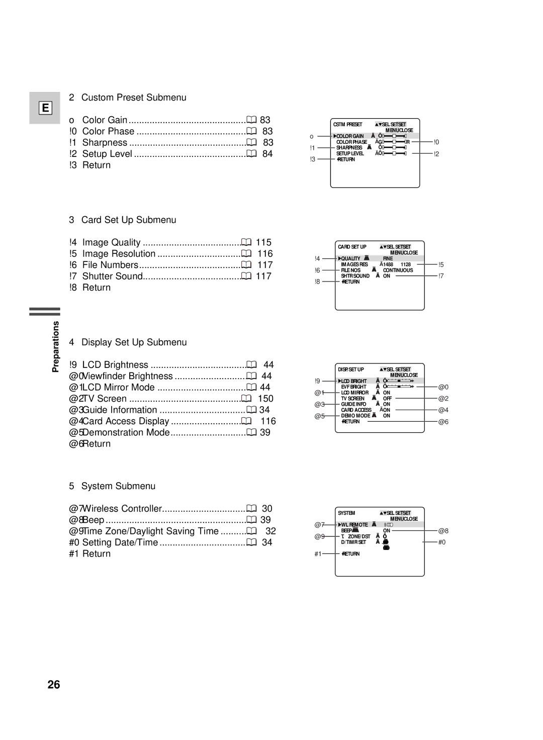 Canon GL2 instruction manual Custom Preset Submenu, Card Set Up Submenu, Display Set Up Submenu 