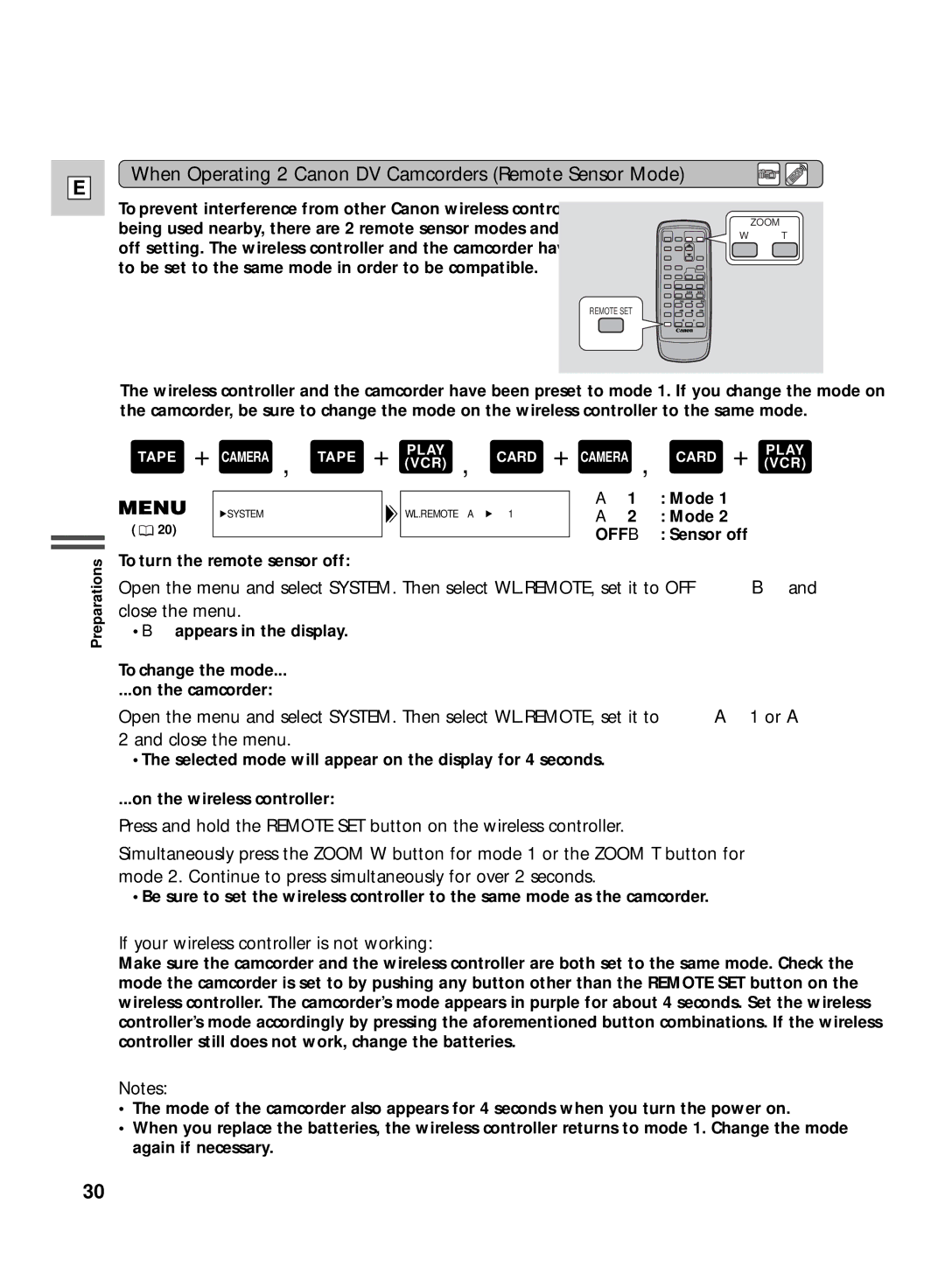 Canon GL2 When Operating 2 Canon DV Camcorders Remote Sensor Mode, If your wireless controller is not working 