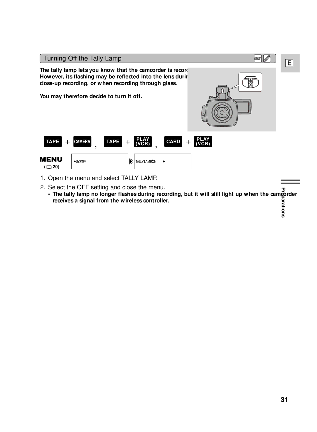 Canon GL2 instruction manual Turning Off the Tally Lamp 