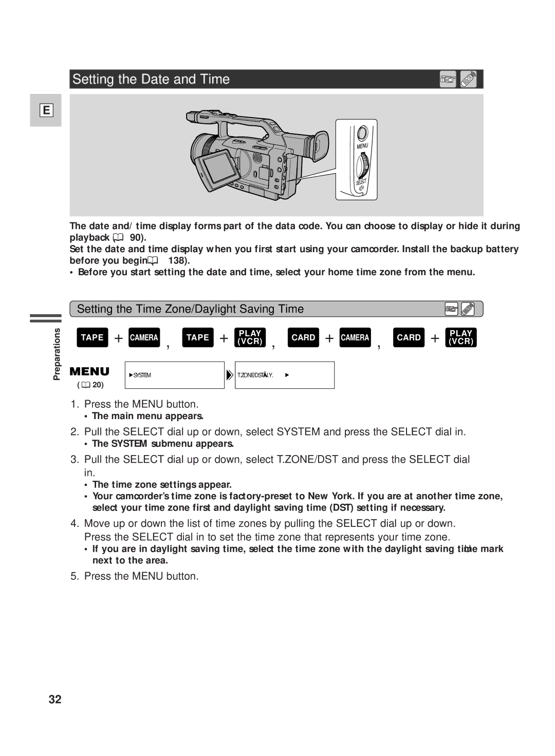 Canon GL2 instruction manual Setting the Date and Time, Setting the Time Zone/Daylight Saving Time 