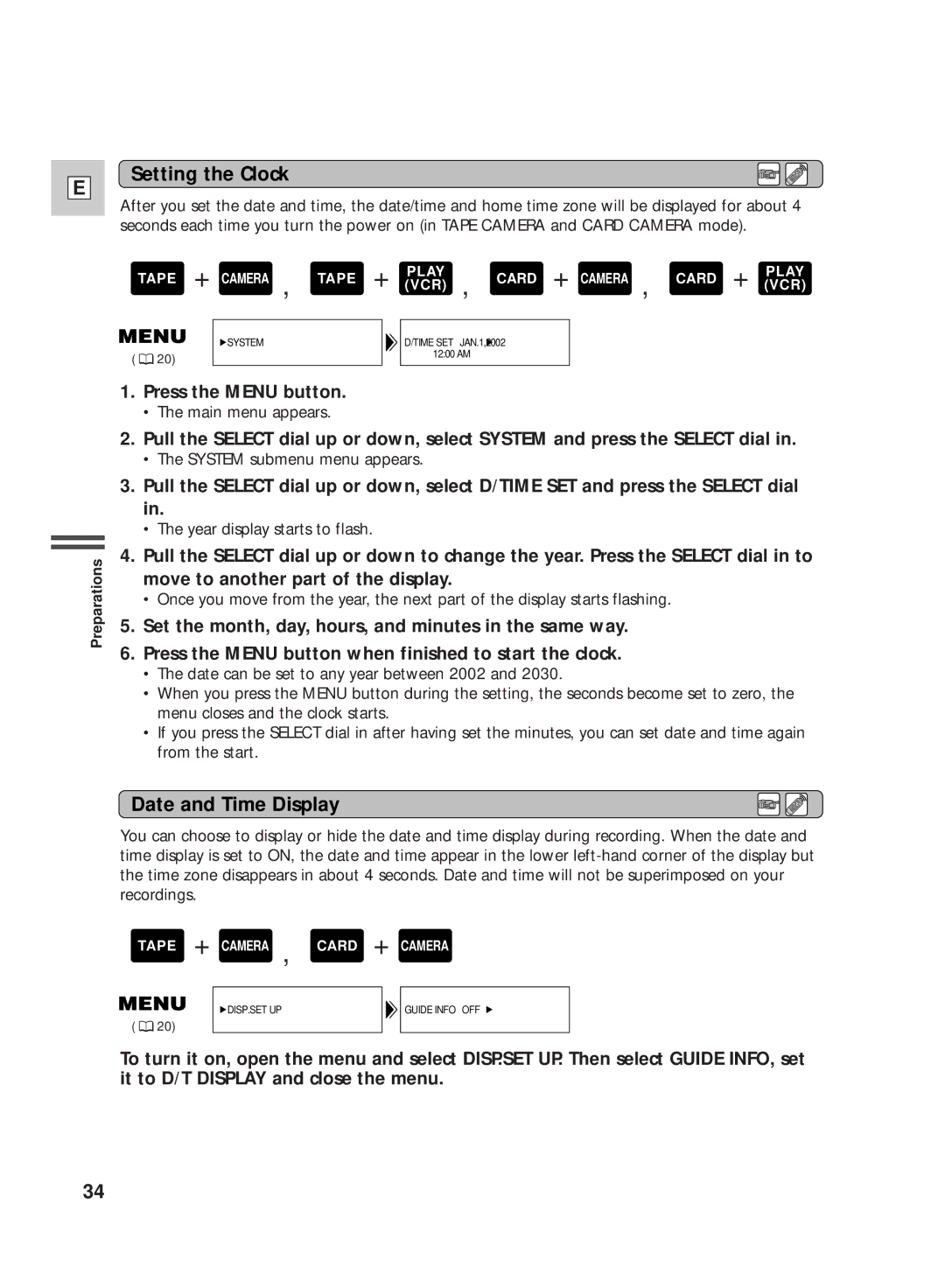 Canon GL2 instruction manual Setting the Clock, Date and Time Display 