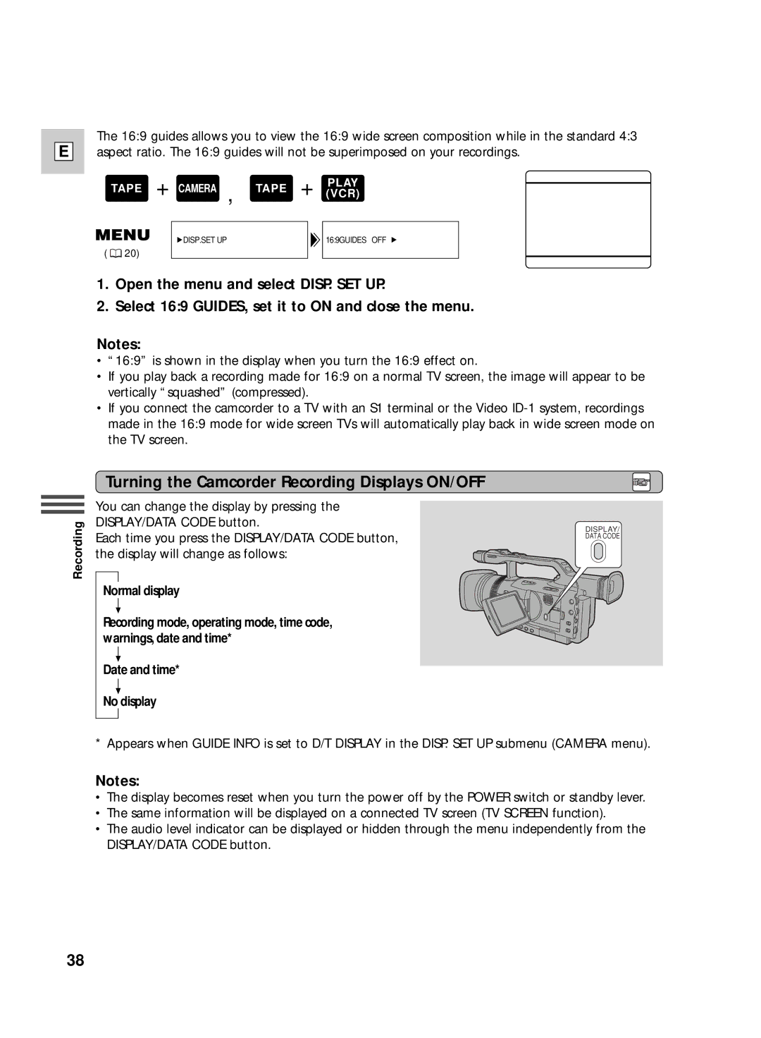 Canon GL2 instruction manual Turning the Camcorder Recording Displays ON/OFF 