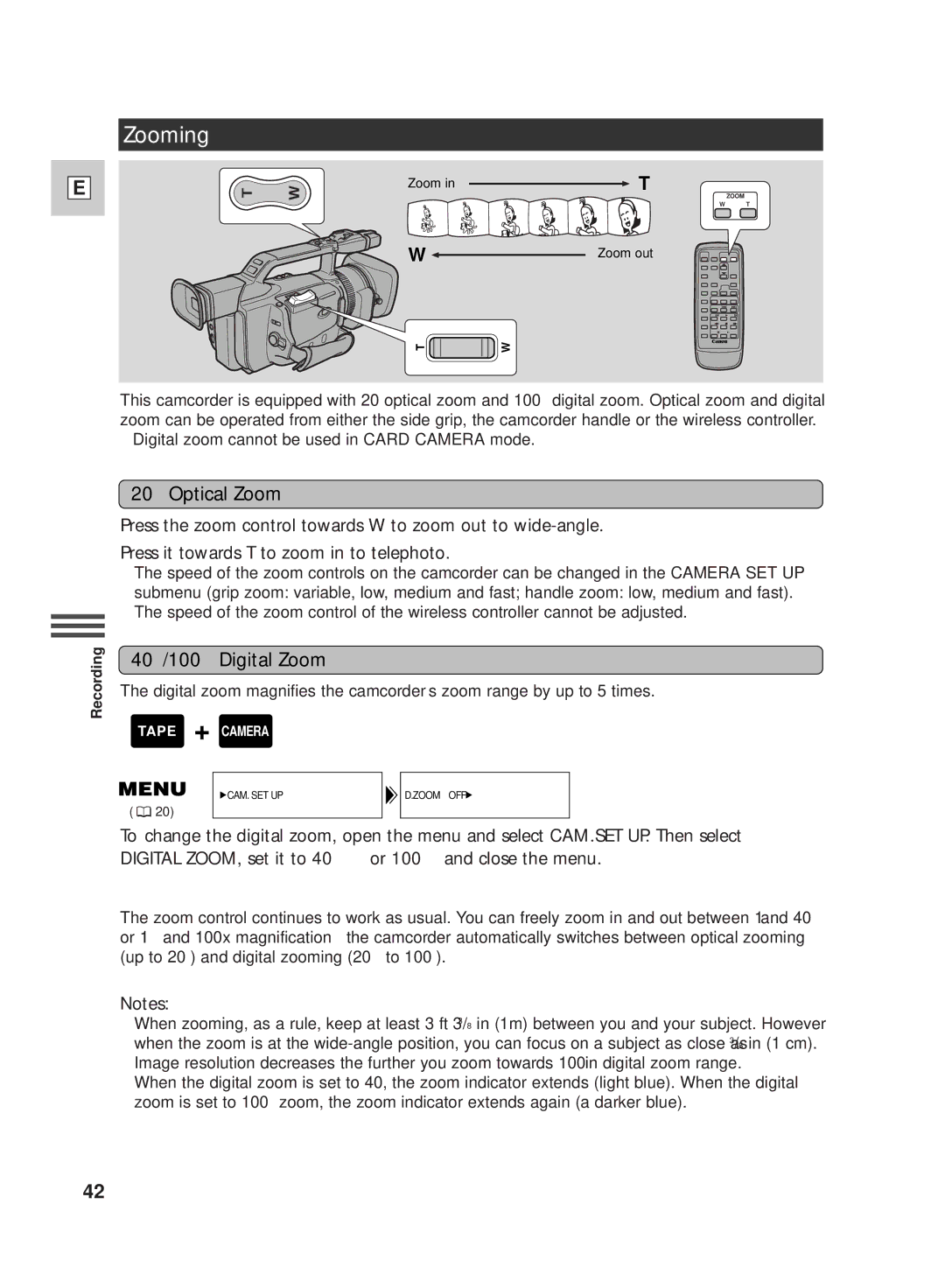 Canon GL2 instruction manual Zooming, 20⋅ Optical Zoom, 40⋅/100⋅ Digital Zoom 