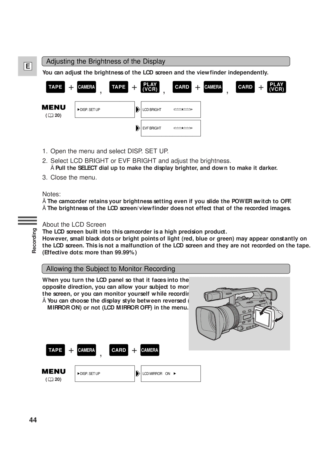 Canon GL2 Adjusting the Brightness of the Display, Allowing the Subject to Monitor Recording, Close the menu 