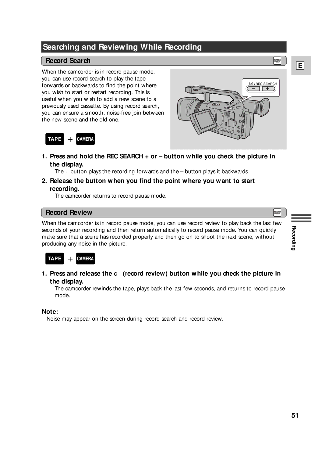 Canon GL2 instruction manual Searching and Reviewing While Recording, Record Search, Record Review 