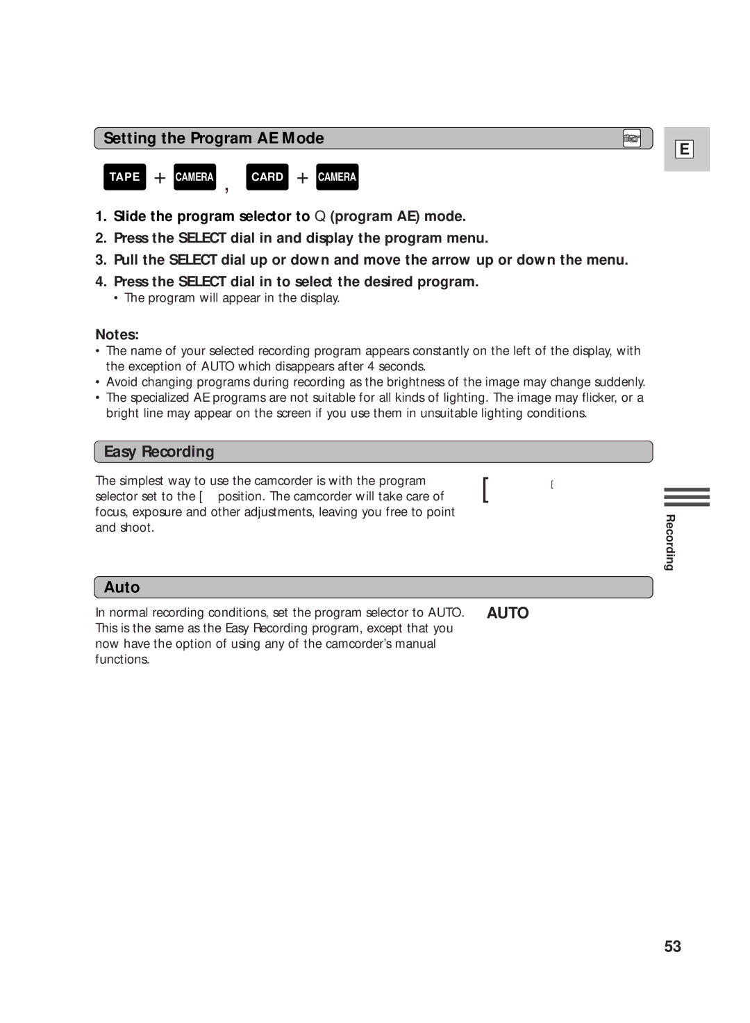 Canon GL2 instruction manual Setting the Program AE Mode, Slide the program selector to Q program AE mode 