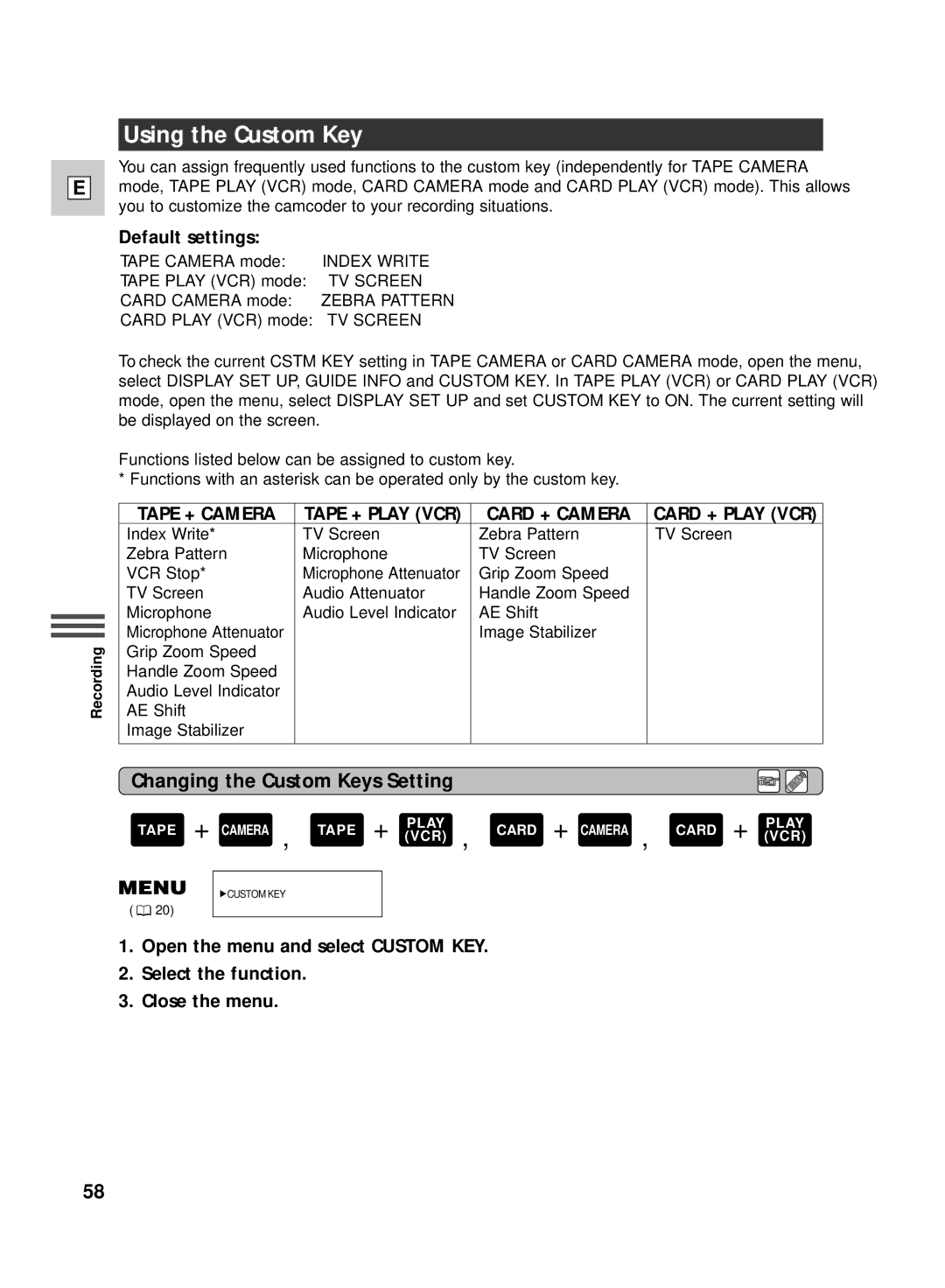 Canon GL2 instruction manual Using the Custom Key, Changing the Custom Keys Setting, Default settings 