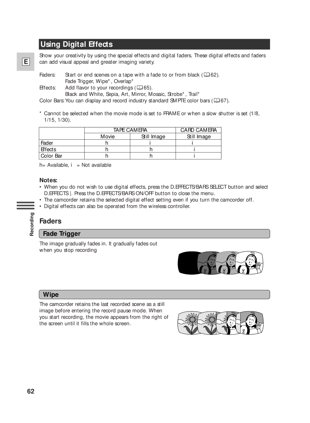 Canon GL2 instruction manual Using Digital Effects, Fade Trigger, Wipe 