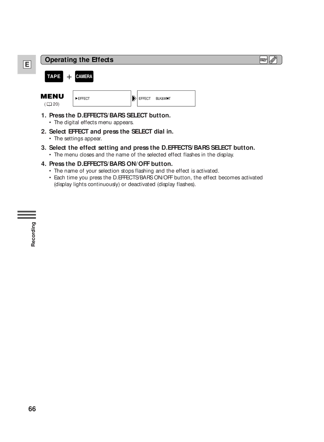 Canon GL2 instruction manual Operating the Effects, Select Effect and press the Select dial 