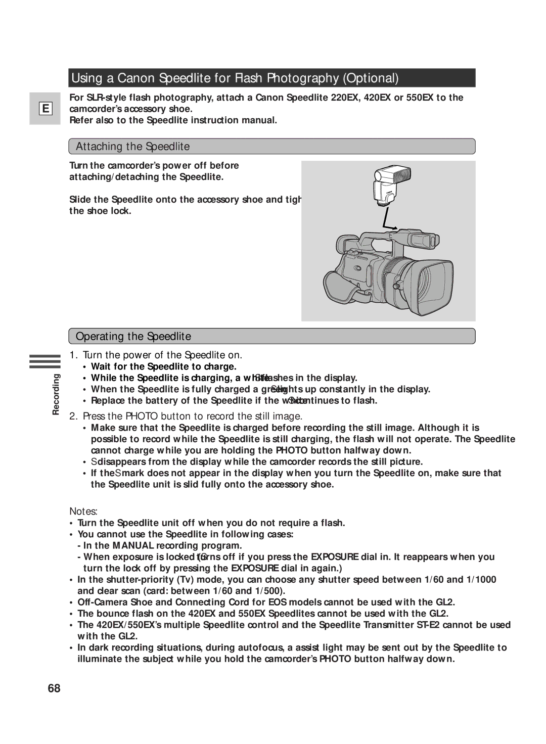 Canon GL2 instruction manual Using a Canon Speedlite for Flash Photography Optional, Operating the Speedlite 