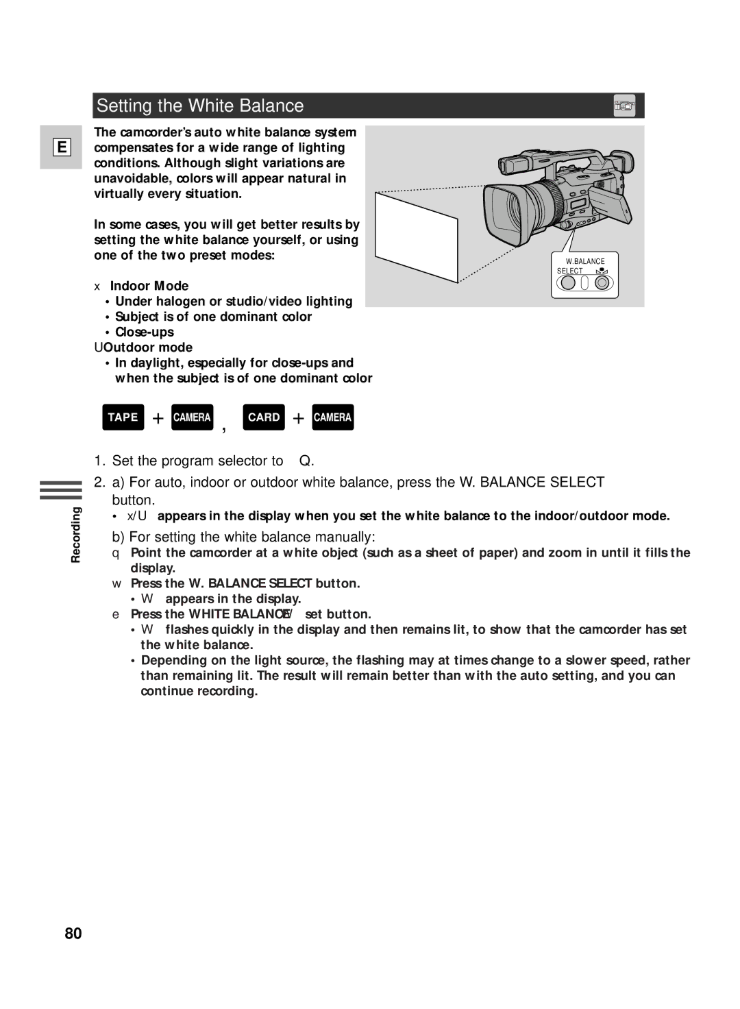 Canon GL2 instruction manual Setting the White Balance, For setting the white balance manually 