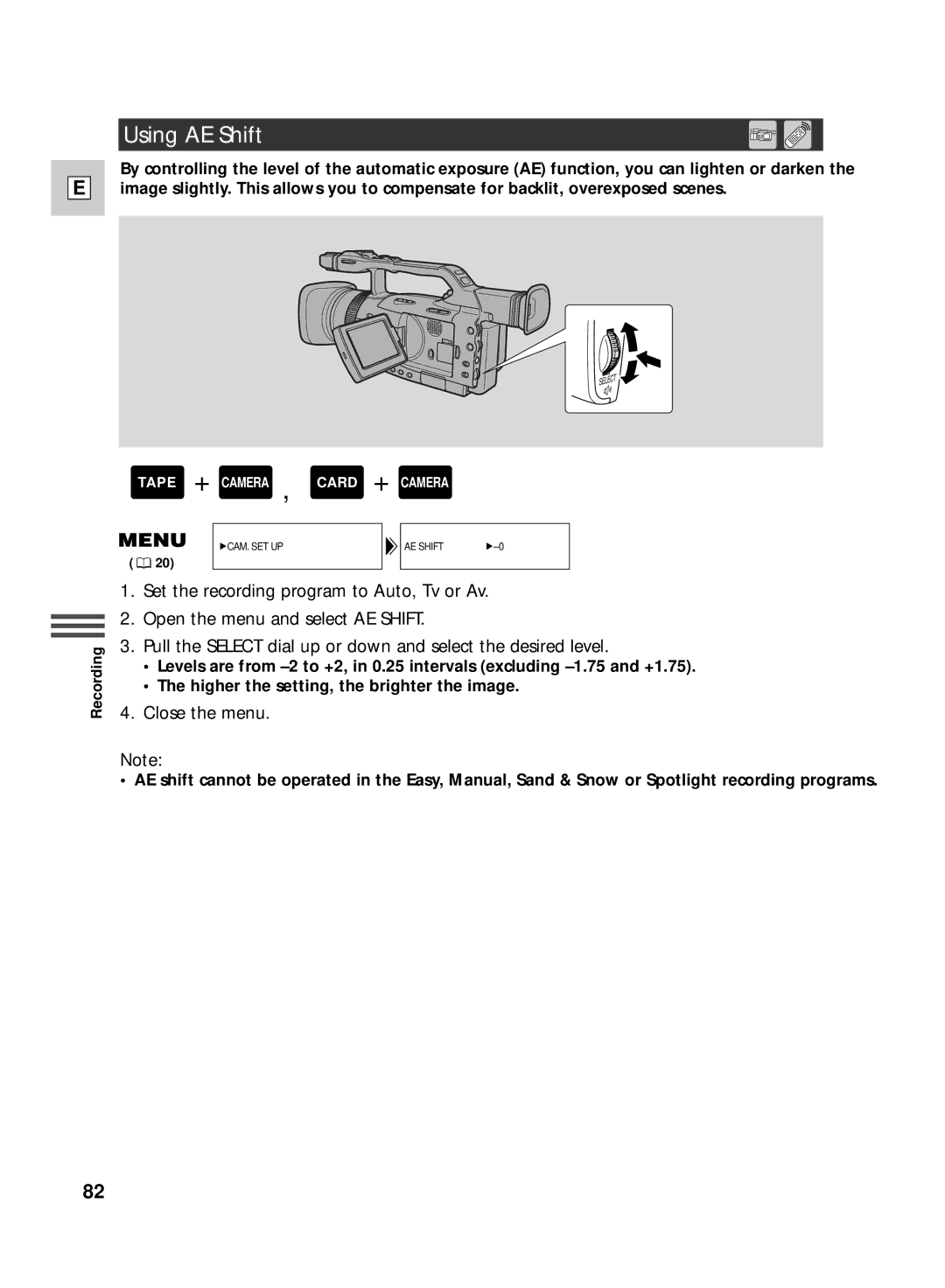 Canon GL2 instruction manual Using AE Shift, Close the menu 