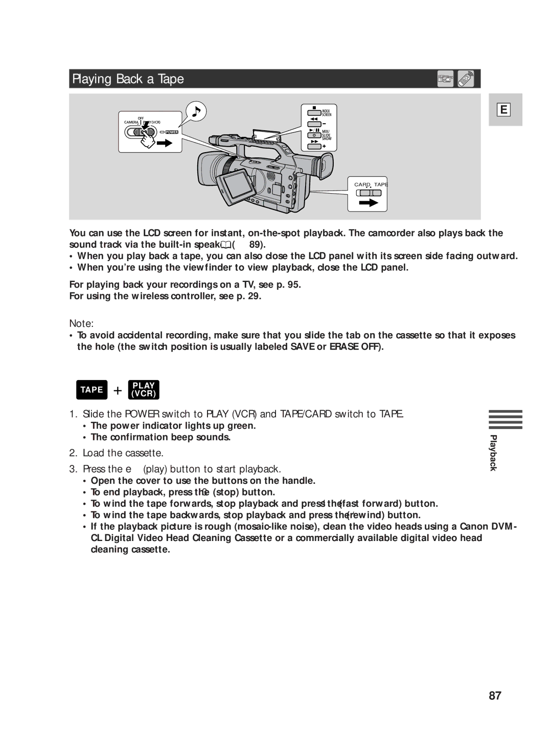 Canon GL2 instruction manual Playing Back a Tape, Load the cassette Press the e play button to start playback 