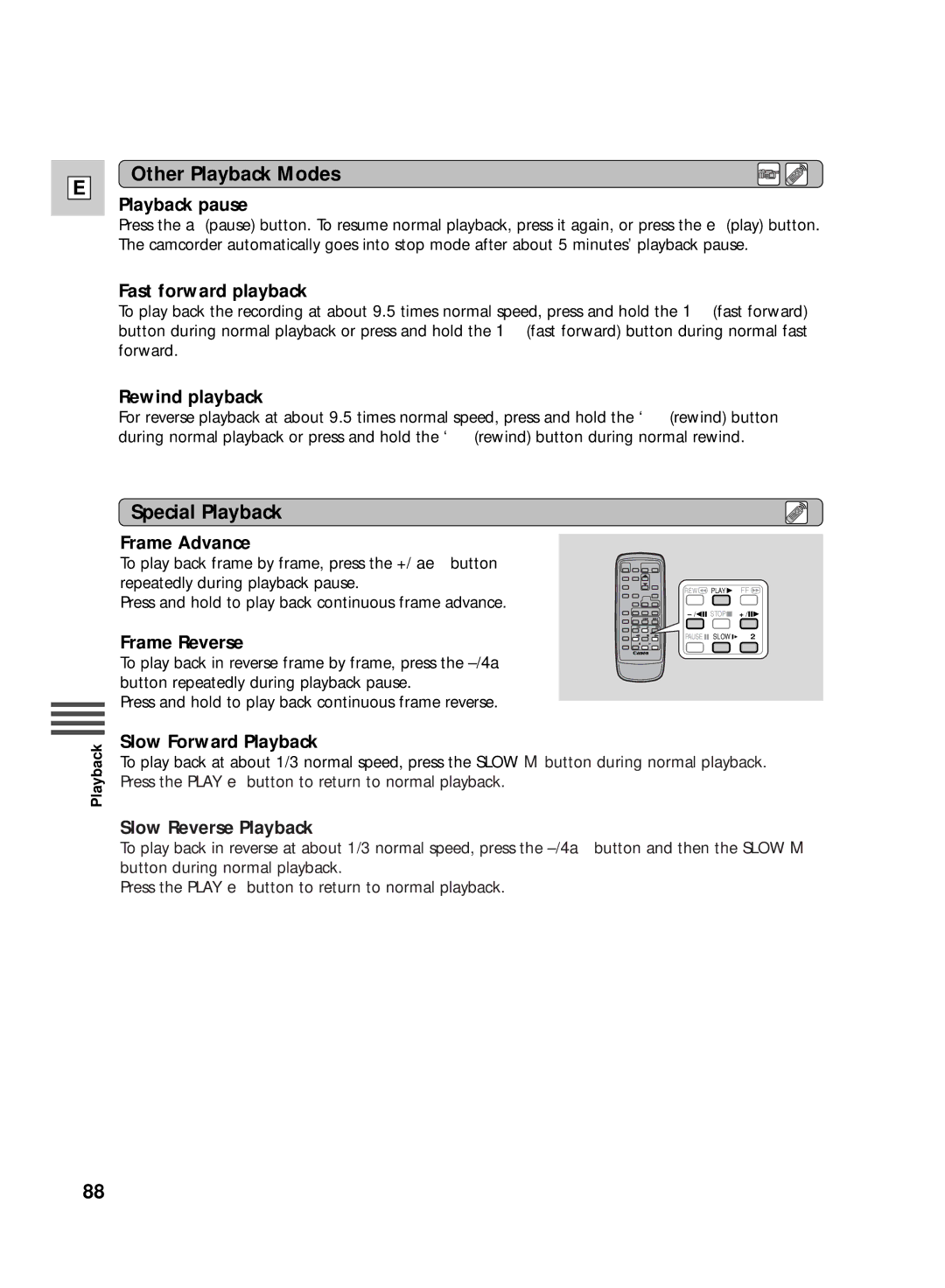 Canon GL2 instruction manual Other Playback Modes, Special Playback, Slow Reverse Playback 