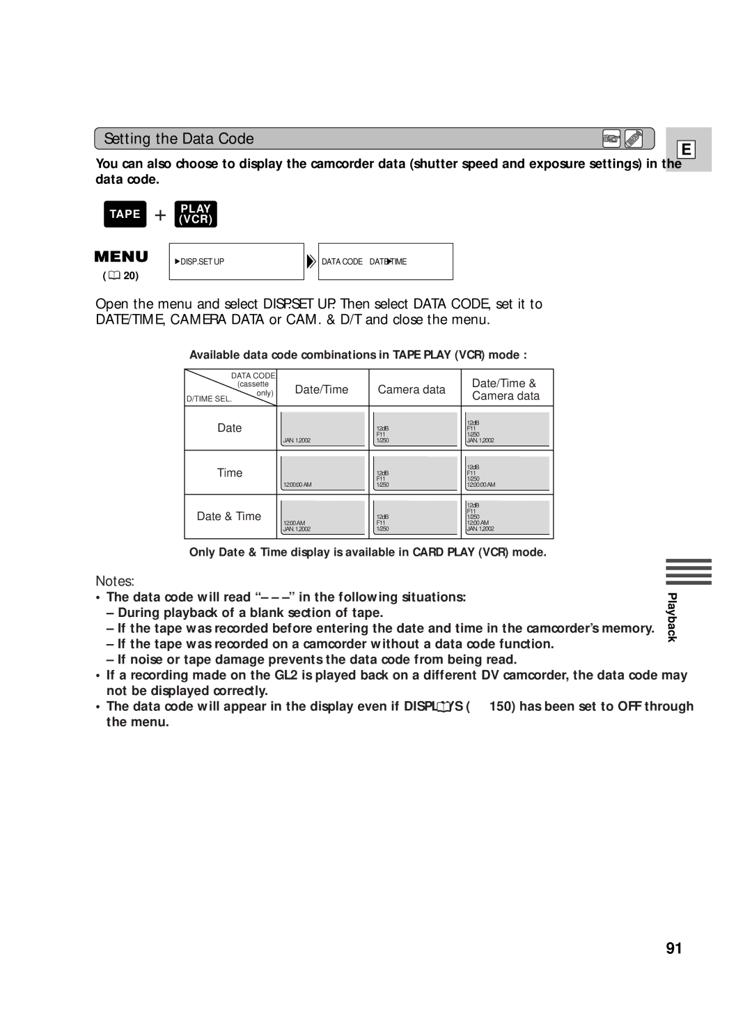 Canon GL2 instruction manual Setting the Data Code, Date & Time 