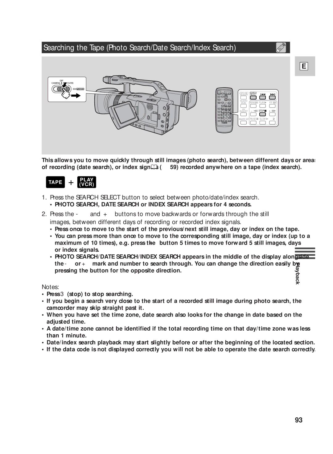 Canon GL2 instruction manual Searching the Tape Photo Search/Date Search/Index Search 