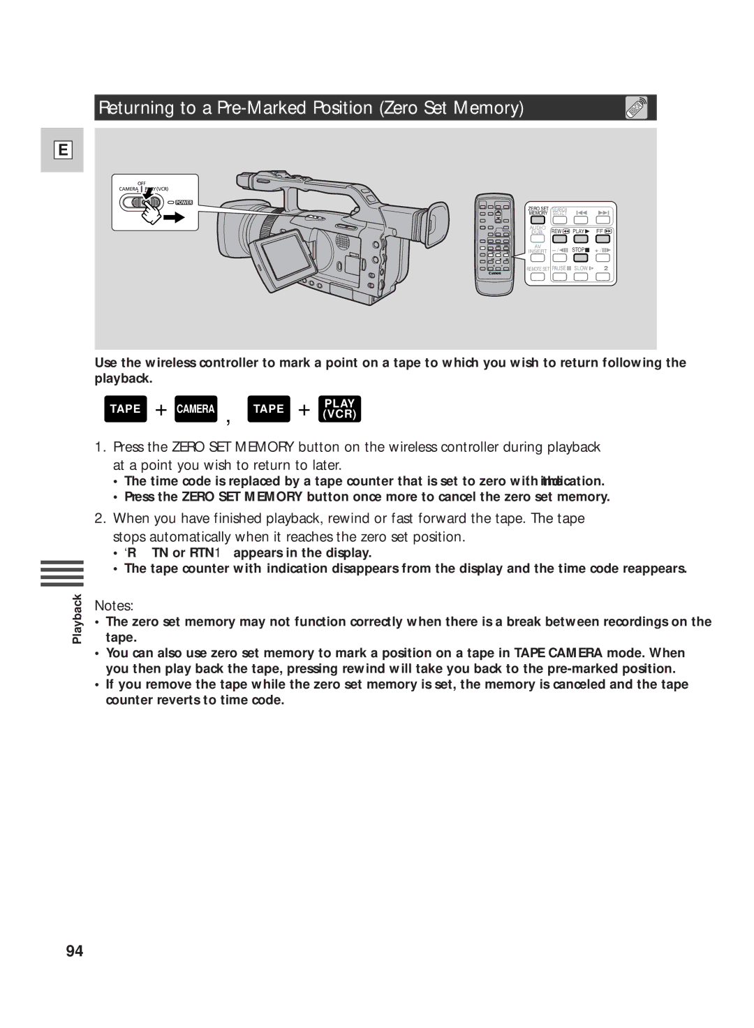 Canon GL2 instruction manual Returning to a Pre-Marked Position Zero Set Memory 