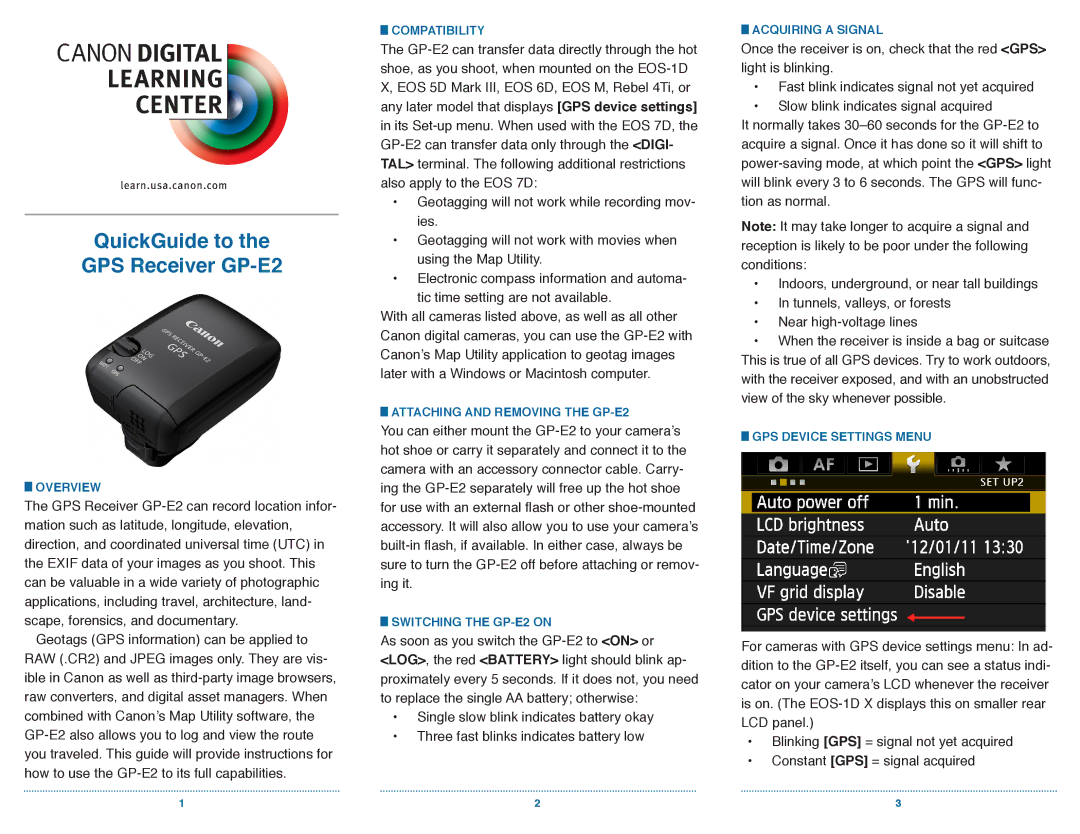 Canon manual QuickGuide to GPS Receiver GP-E2 