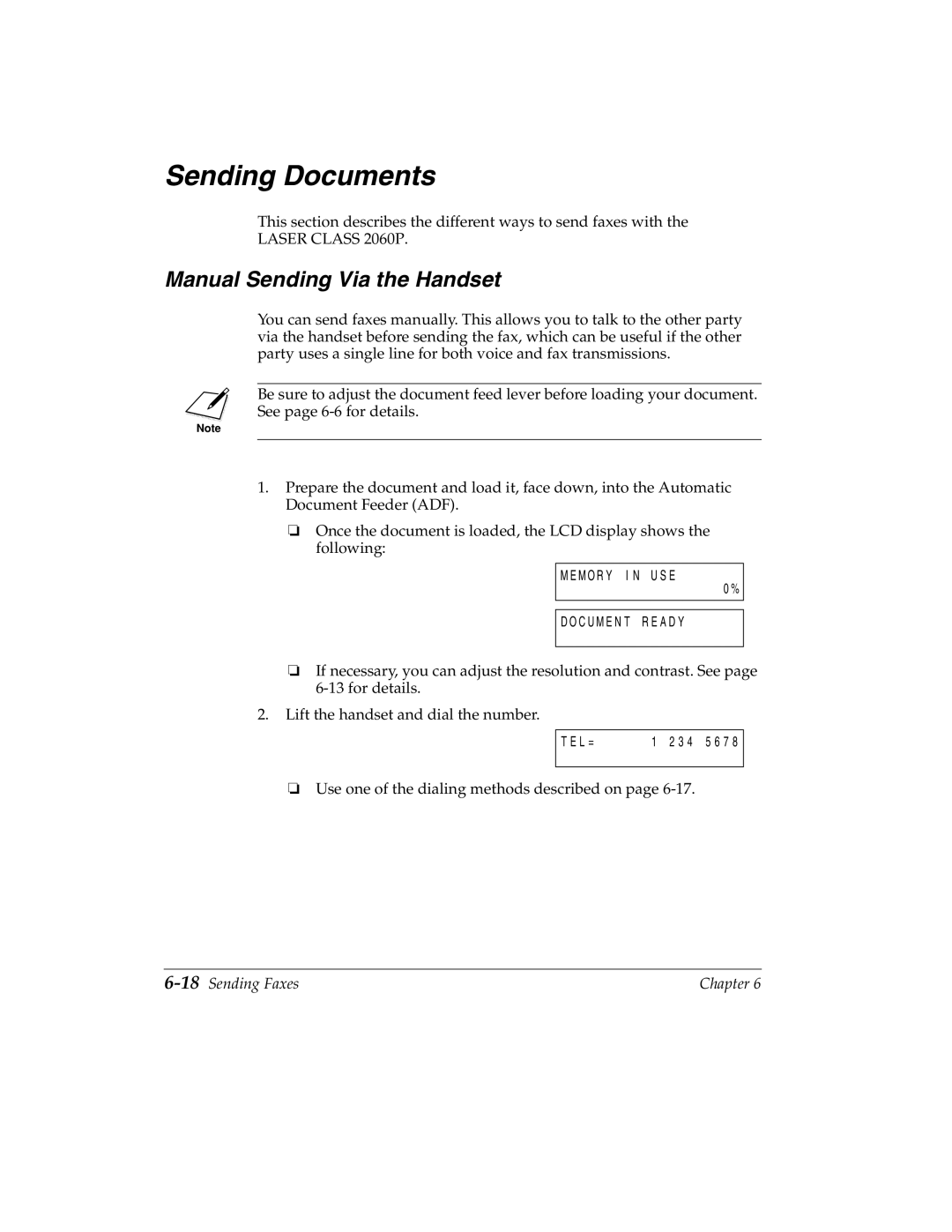 Canon H12157 manual Sending Documents, Manual Sending Via the Handset, 18Sending Faxes 