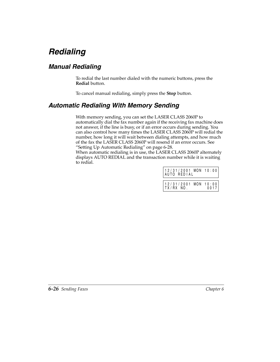 Canon H12157 manual Manual Redialing, Automatic Redialing With Memory Sending, 26Sending Faxes 