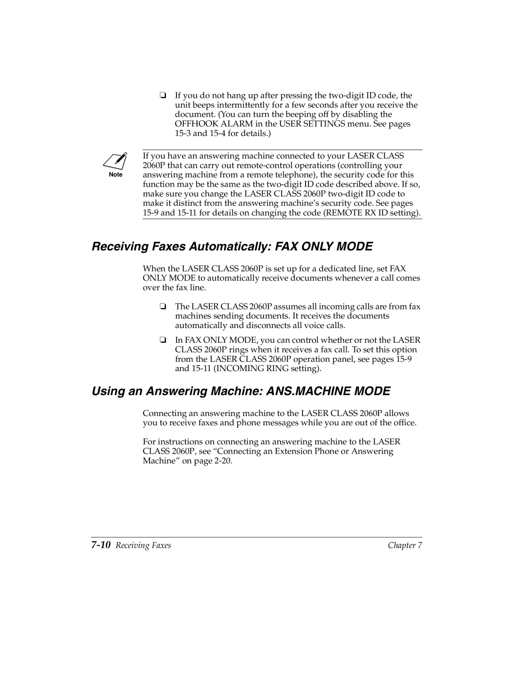 Canon H12157 Receiving Faxes Automatically FAX only Mode, Using an Answering Machine ANS.MACHINE Mode, 10Receiving Faxes 