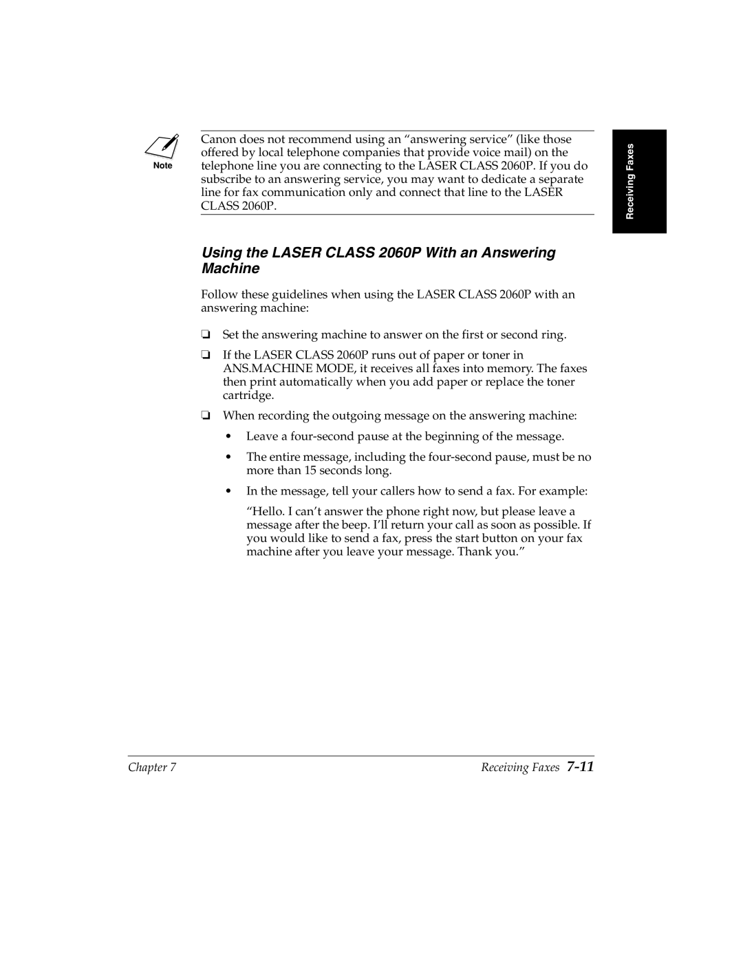 Canon H12157 manual Using the Laser Class 2060P With an Answering Machine 