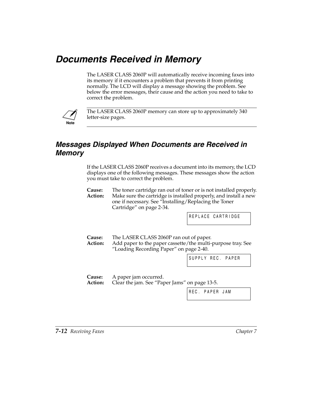 Canon H12157 Documents Received in Memory, Messages Displayed When Documents are Received in Memory, 12Receiving Faxes 