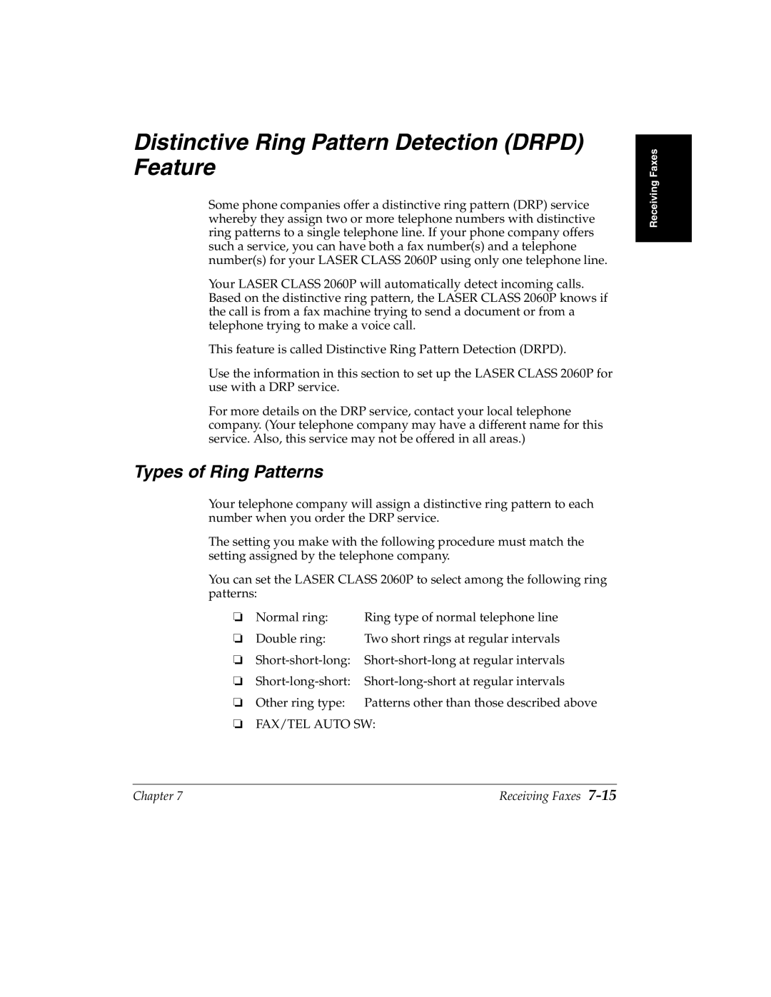 Canon H12157 manual Distinctive Ring Pattern Detection Drpd Feature, Types of Ring Patterns 