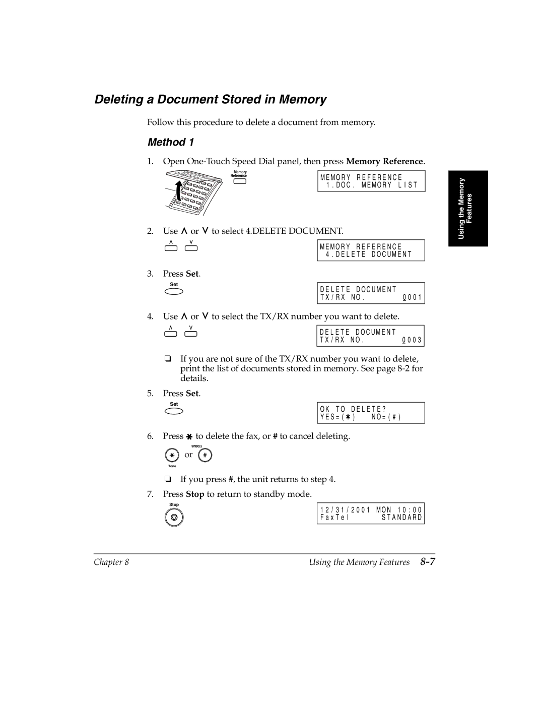 Canon H12157 manual Deleting a Document Stored in Memory, Method 