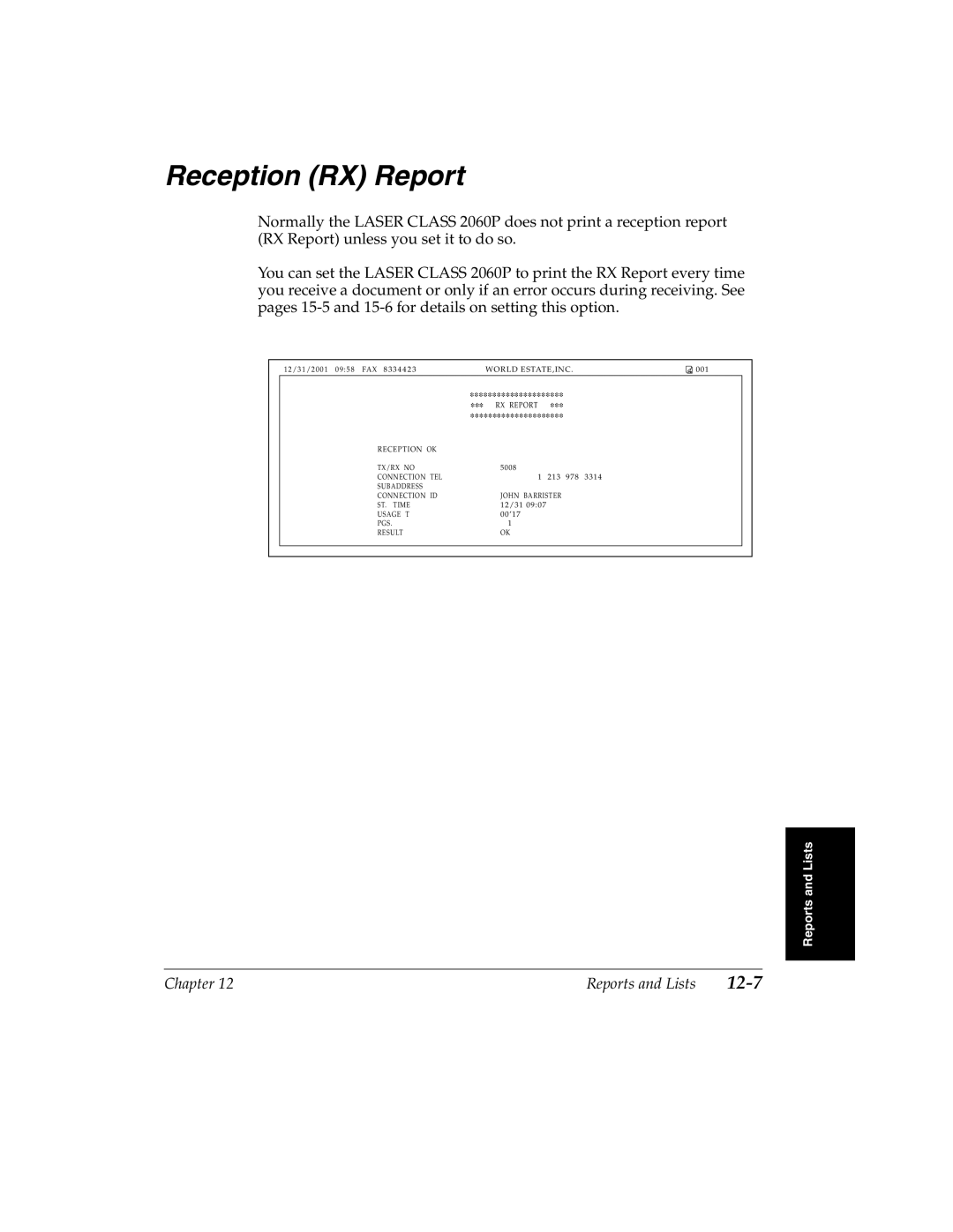 Canon H12157 manual Reception RX Report 