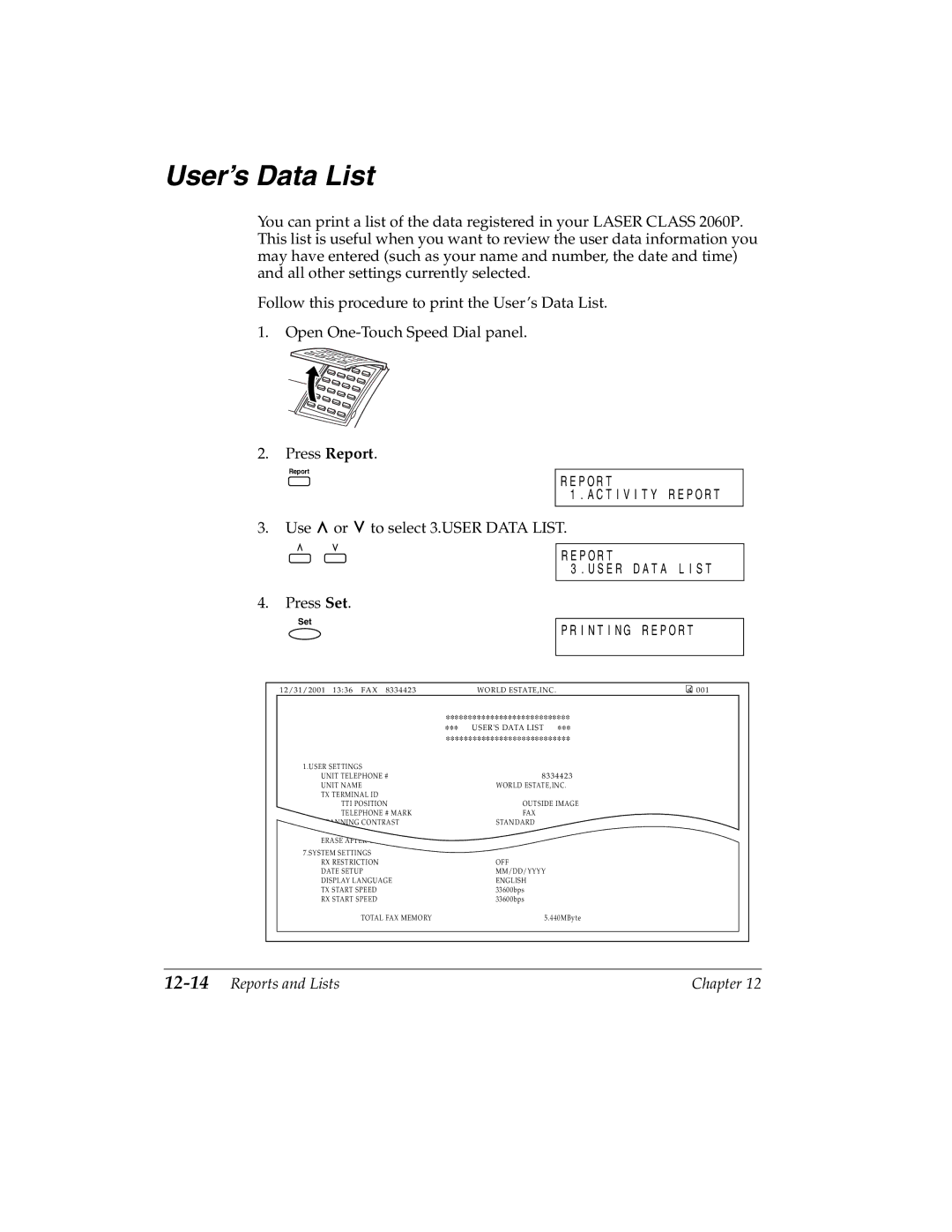 Canon H12157 manual User’s Data List, 12-14Reports and Lists 