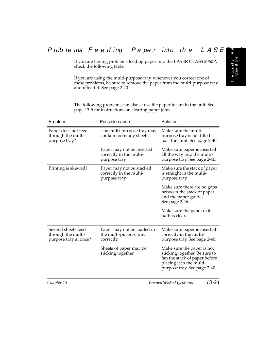 Canon H12157 manual Problems Feeding Paper into the Laser Class 2060P, Problem Possible cause Solution 