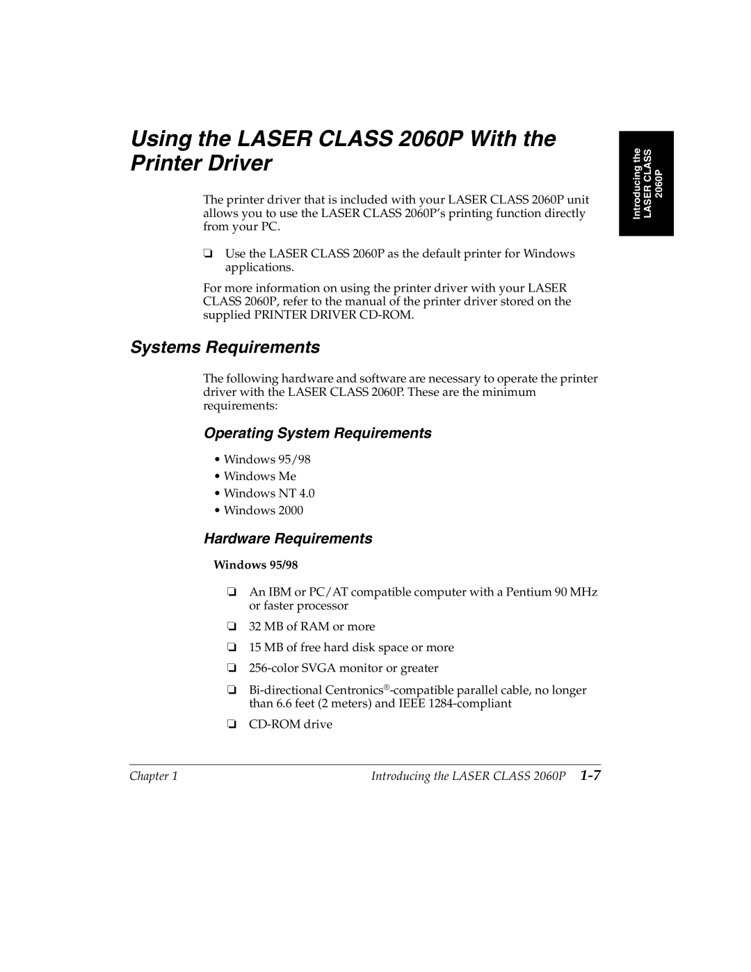 Canon H12157 Using the Laser Class 2060P With the Printer Driver, Systems Requirements, Operating System Requirements 