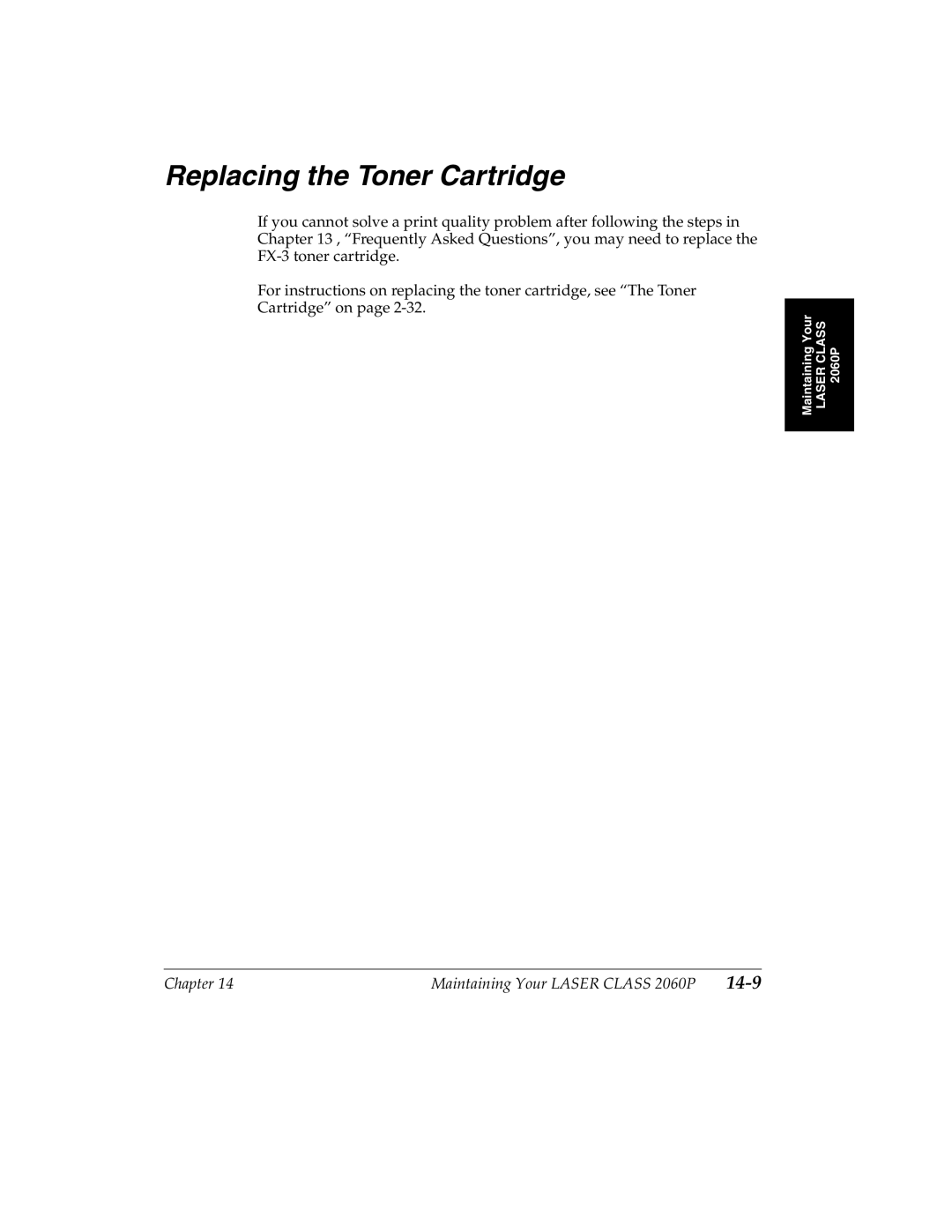 Canon H12157 manual Replacing the Toner Cartridge 