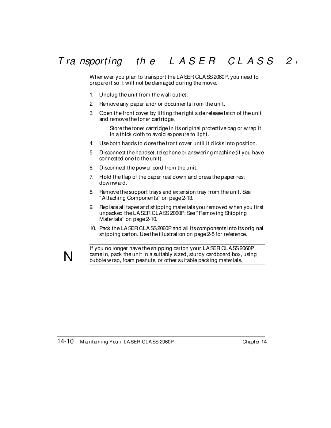 Canon H12157 manual Transporting the Laser Class 2060P, 14-10Maintaining Your Laser Class 2060P 