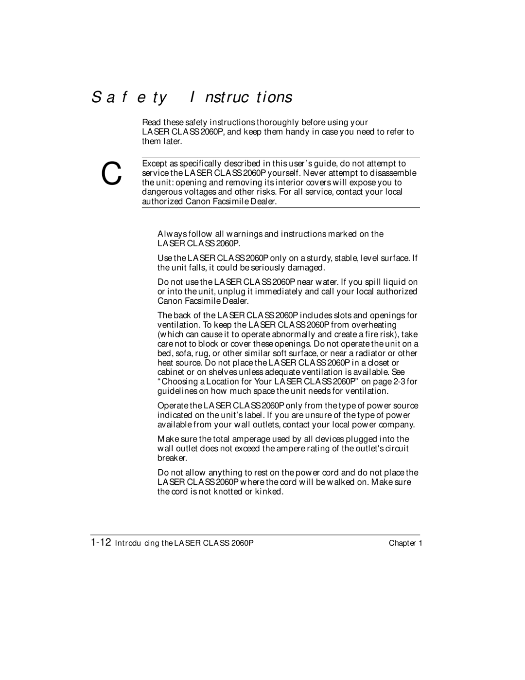 Canon H12157 manual Safety Instructions, 12Introducing the Laser Class 2060P 