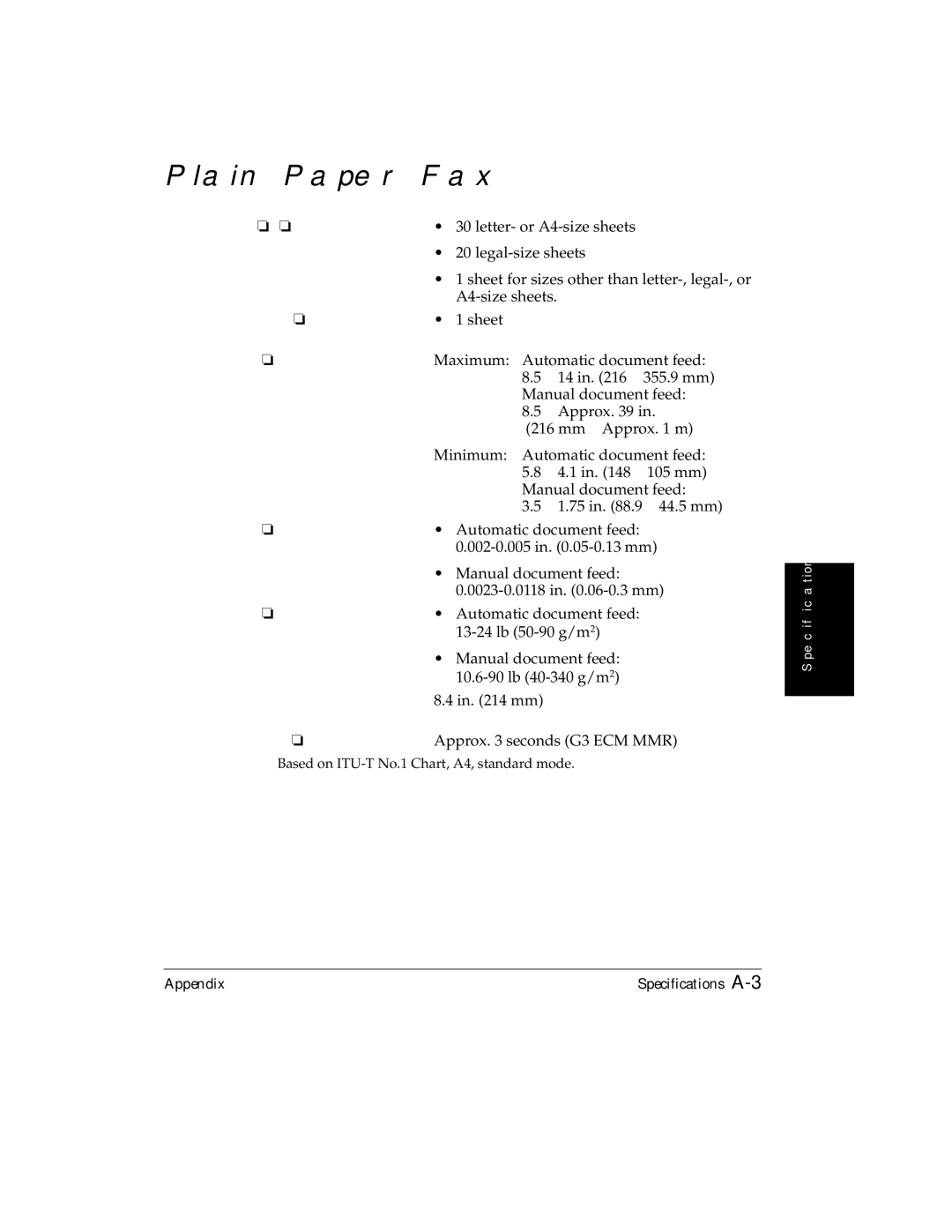 Canon H12157 manual Plain Paper Fax, Document sizes, Document thickness, Document weight 