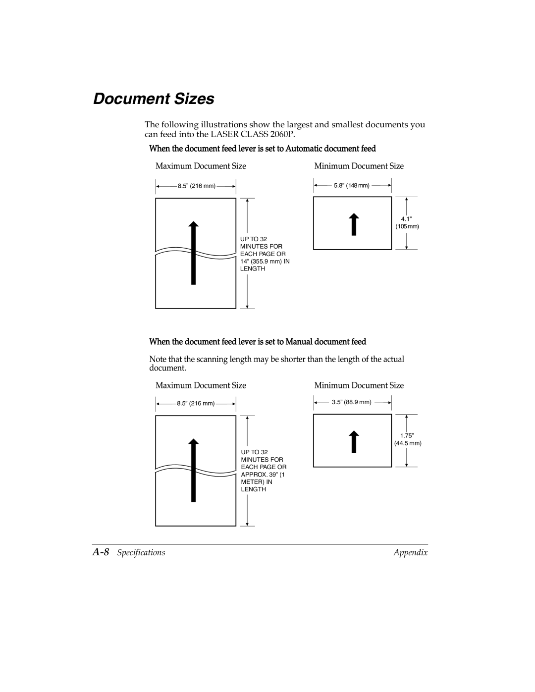 Canon H12157 manual Document Sizes, 8Specifications Appendix 