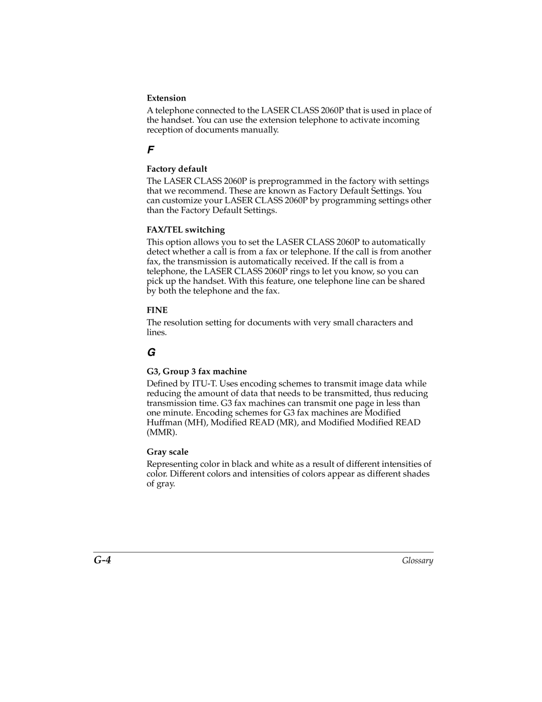 Canon H12157 manual Extension, Factory default, FAX/TEL switching, G3, Group 3 fax machine, Gray scale 