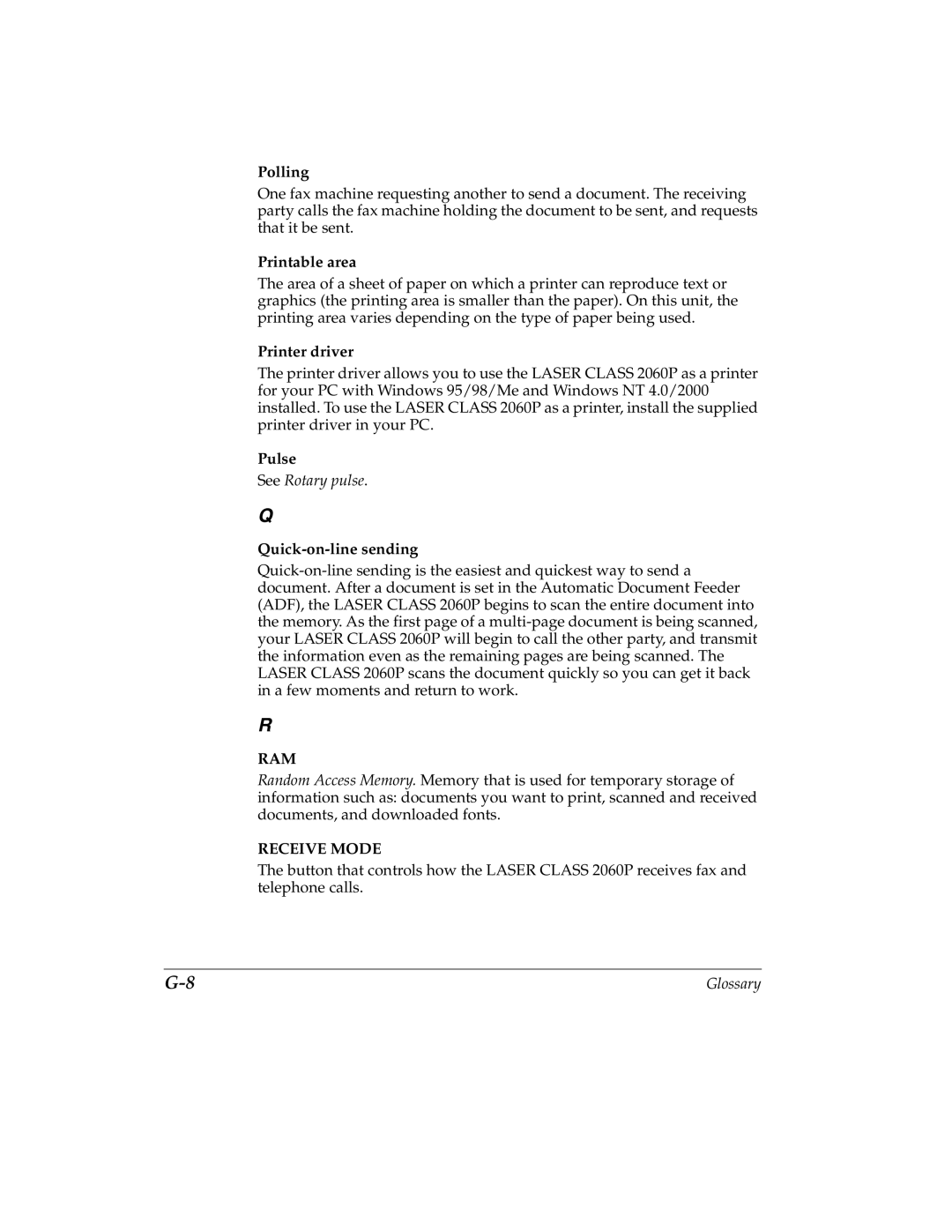 Canon H12157 manual Polling, Printable area, Printer driver, Pulse, Quick-on-line sending 